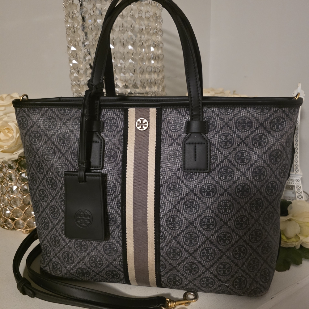 Tory Burch Black and Tan Patterned Tote